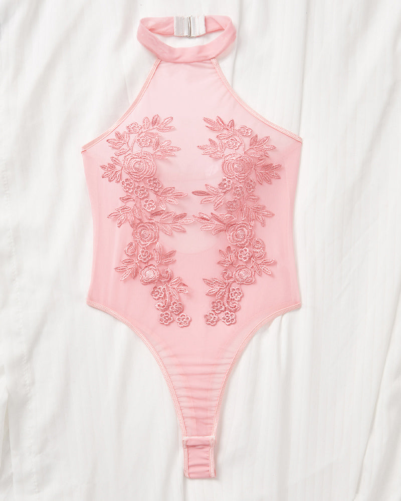 Mesh Sheer Floral Embroidered Bodysuit