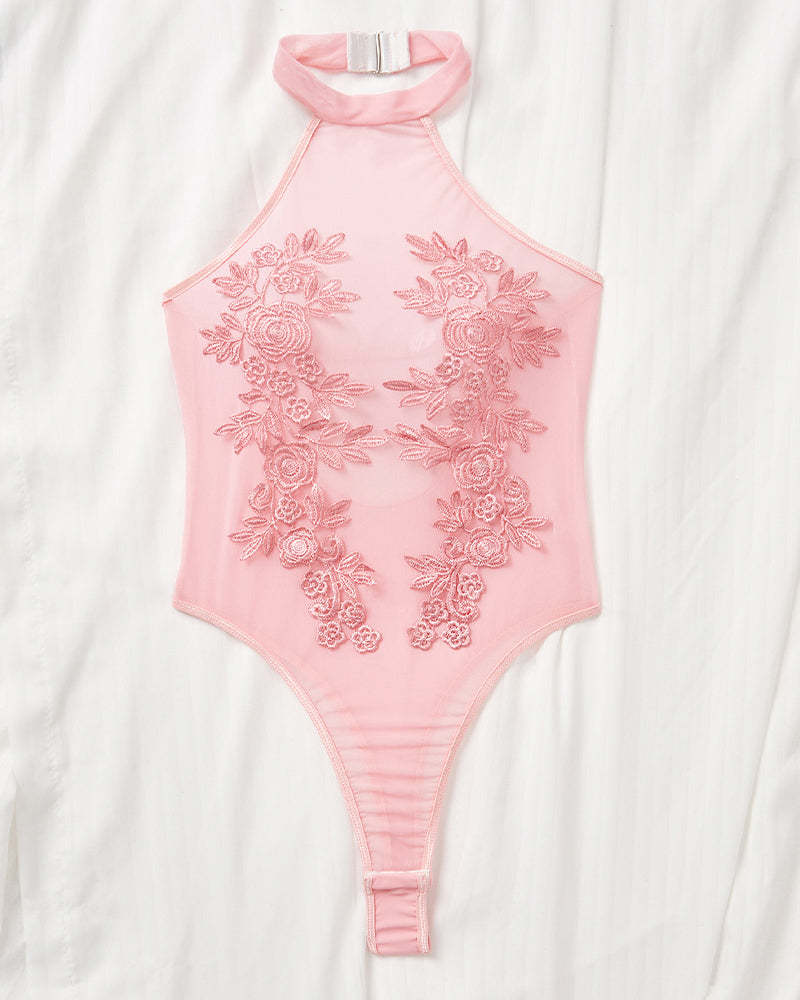 Mesh Sheer Floral Embroidered Bodysuit
