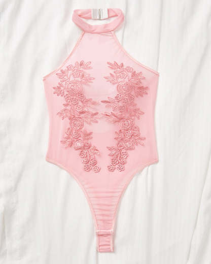 Mesh Sheer Floral Embroidered Bodysuit