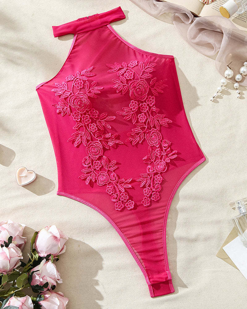 Mesh Sheer Floral Embroidered Bodysuit