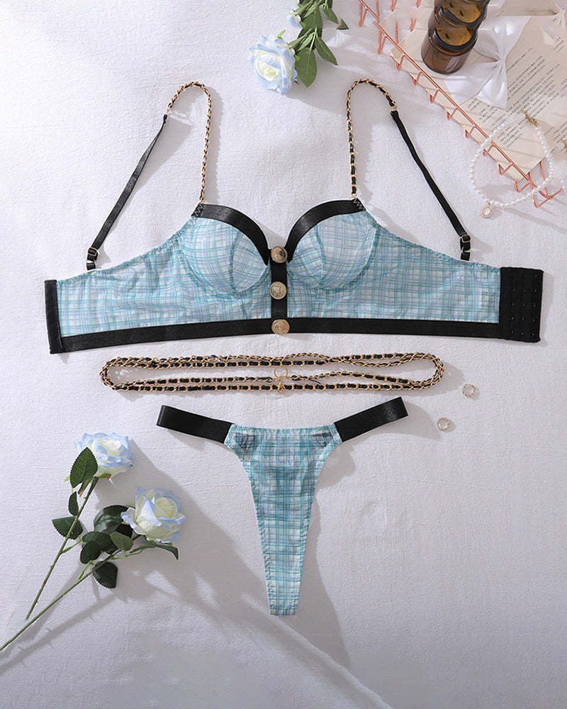 Plaid Lingerie Set with Waist Chain