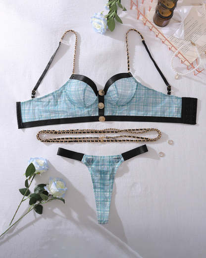 Plaid Lingerie Set with Waist Chain