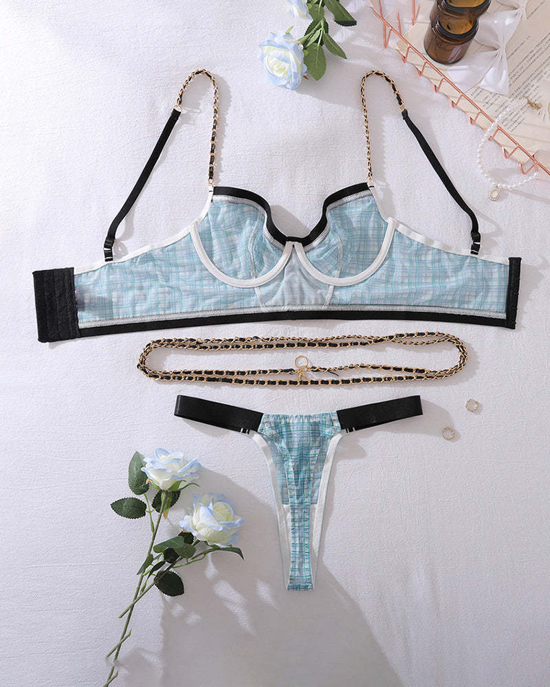 Plaid Lingerie Set with Waist Chain