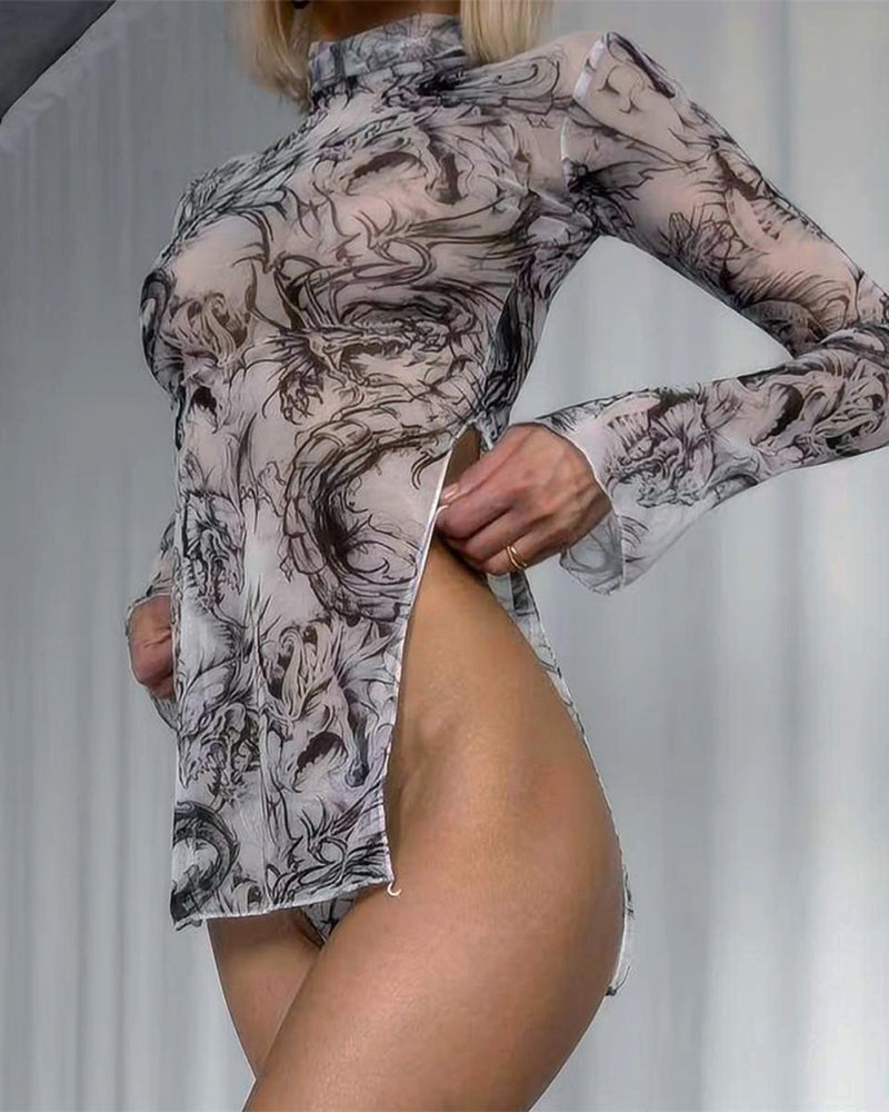 Tie-Dye Mesh High Side Slit Dress