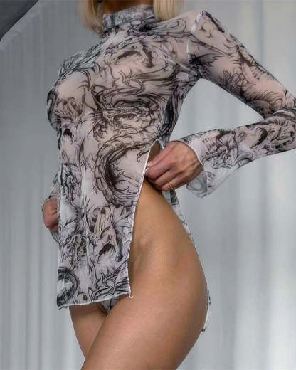 Tie-Dye Mesh High Side Slit Dress