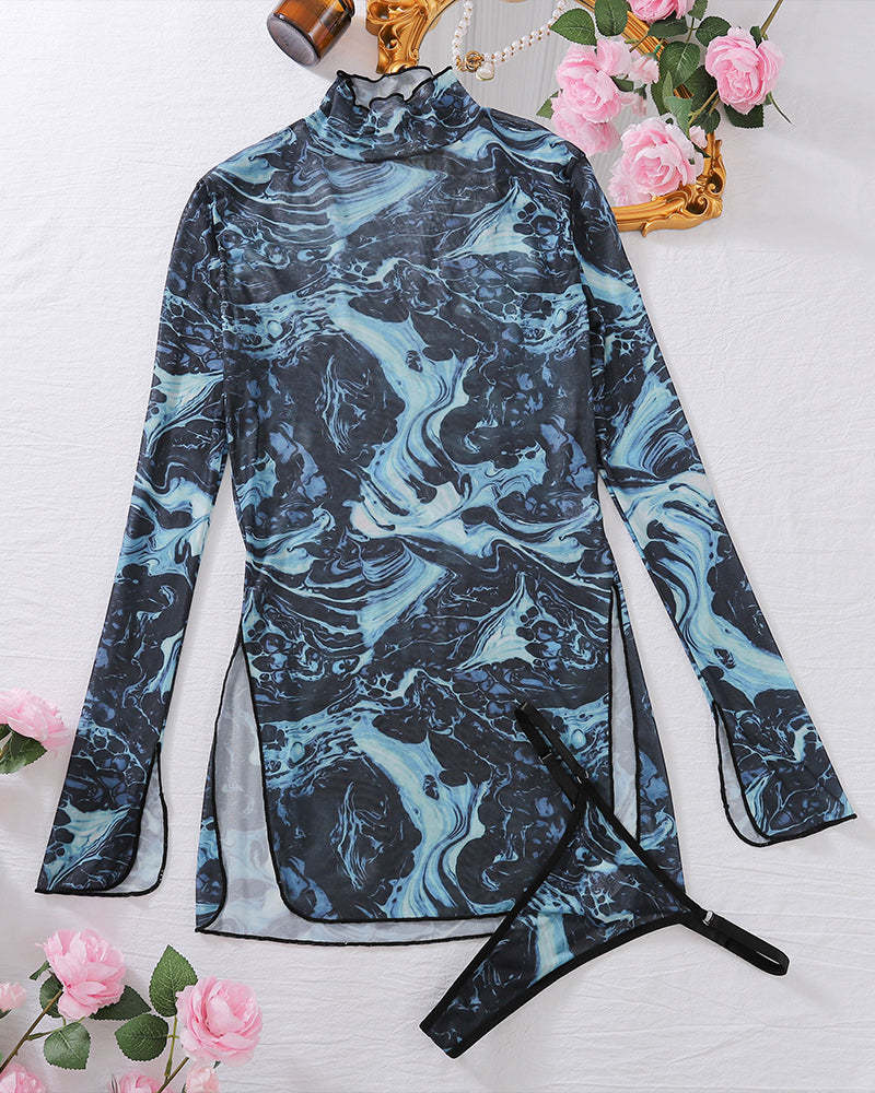 Tie-Dye Mesh High Side Slit Dress