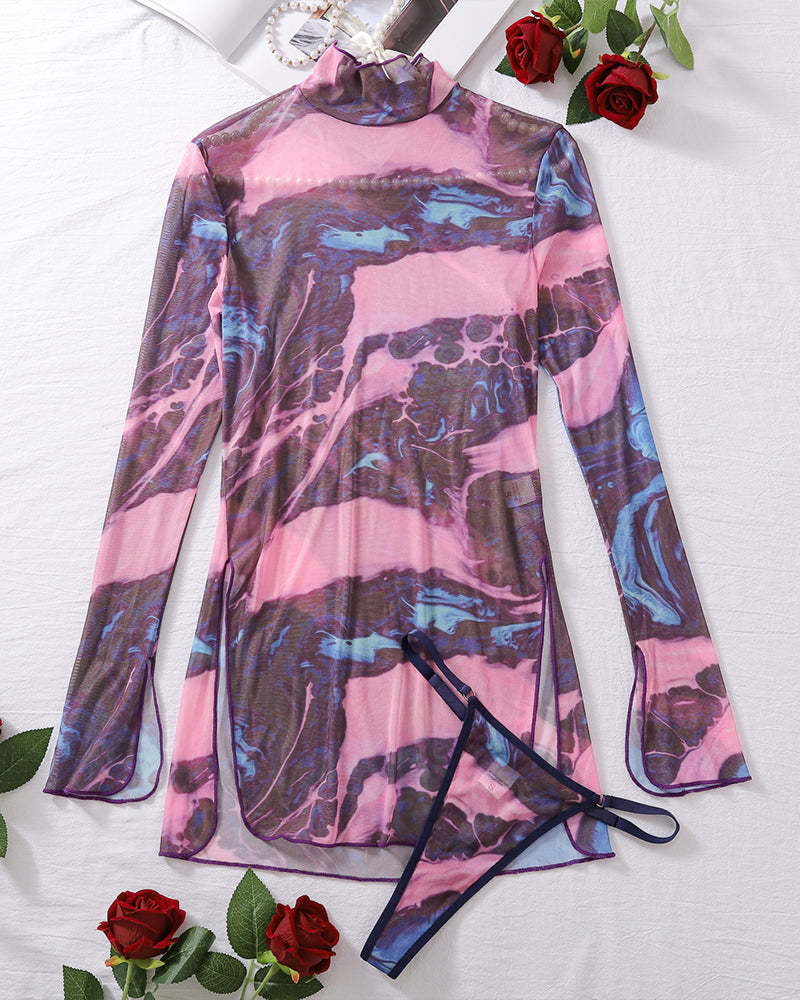 Tie-Dye Mesh High Side Slit Dress