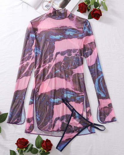 Tie-Dye Mesh High Side Slit Dress