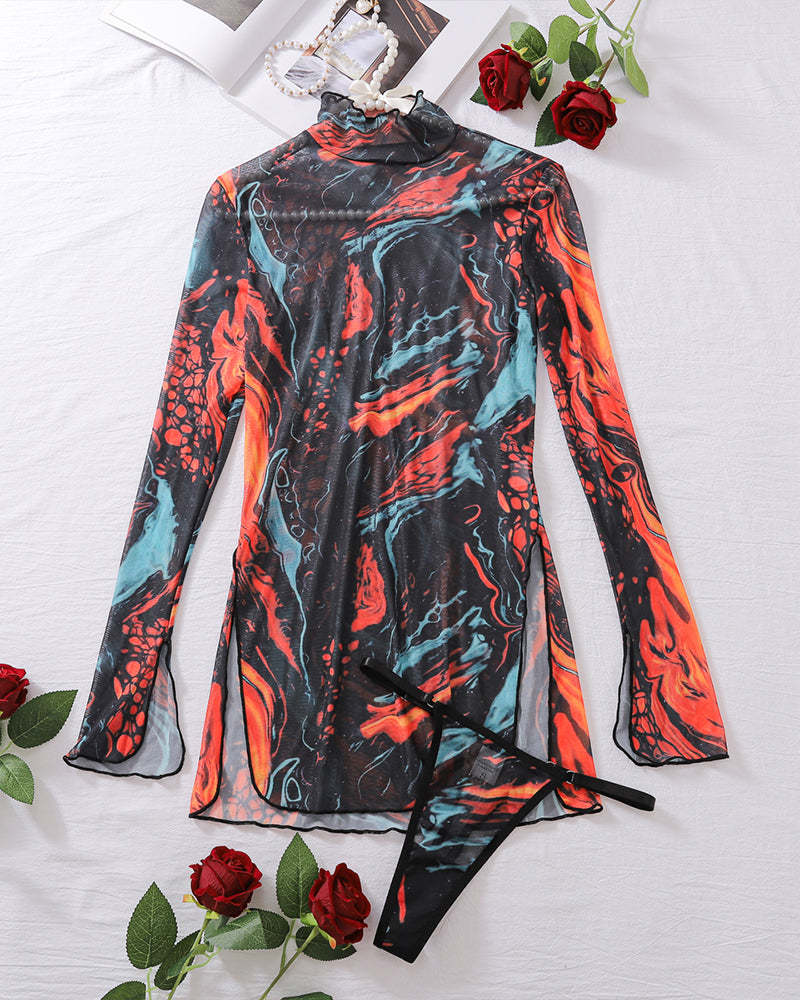 Tie-Dye Mesh High Side Slit Dress