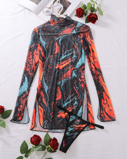 Tie-Dye Mesh High Side Slit Dress