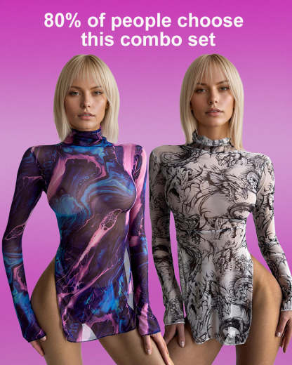 Tie-Dye Mesh High Side Slit Dress