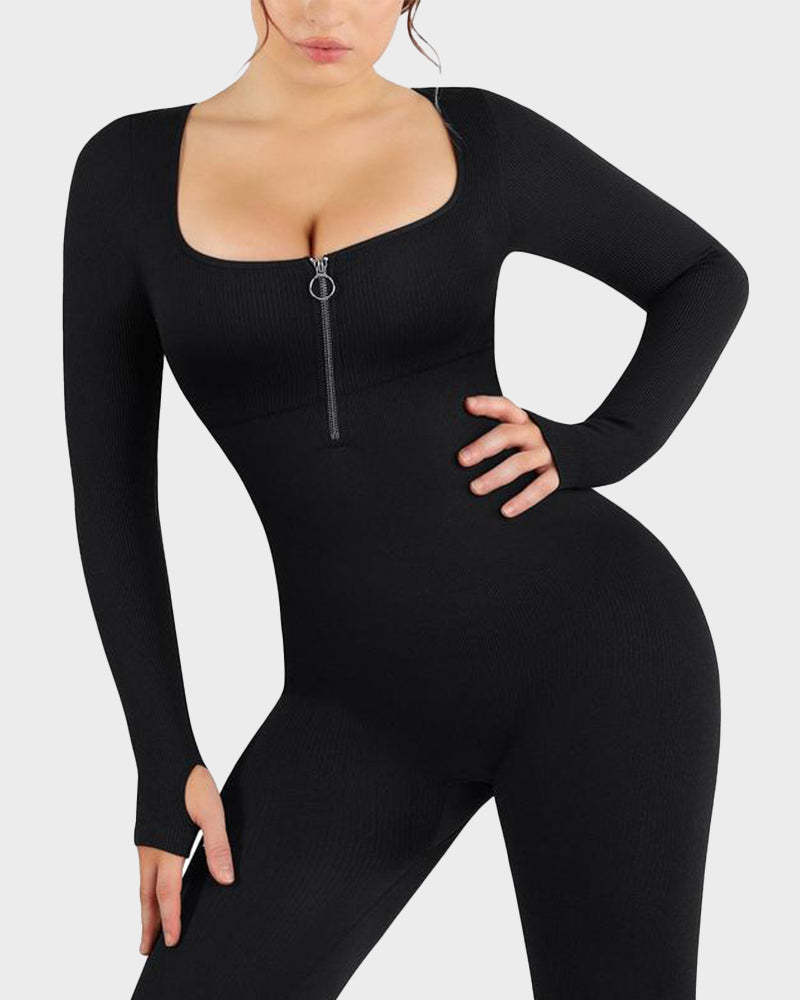 Seamless Ribbed Zip-Front Jumpsuit