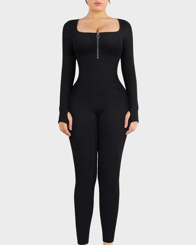 Seamless Ribbed Zip-Front Jumpsuit