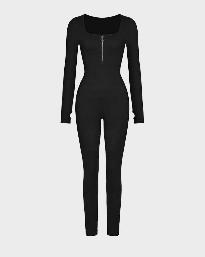 Seamless Ribbed Zip-Front Jumpsuit
