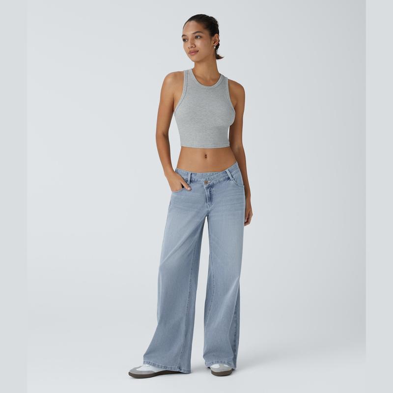 Vibecurve® Asymmetric Low Rise Zipper Pockets Baggy Wide Leg Washed Casual Jeans