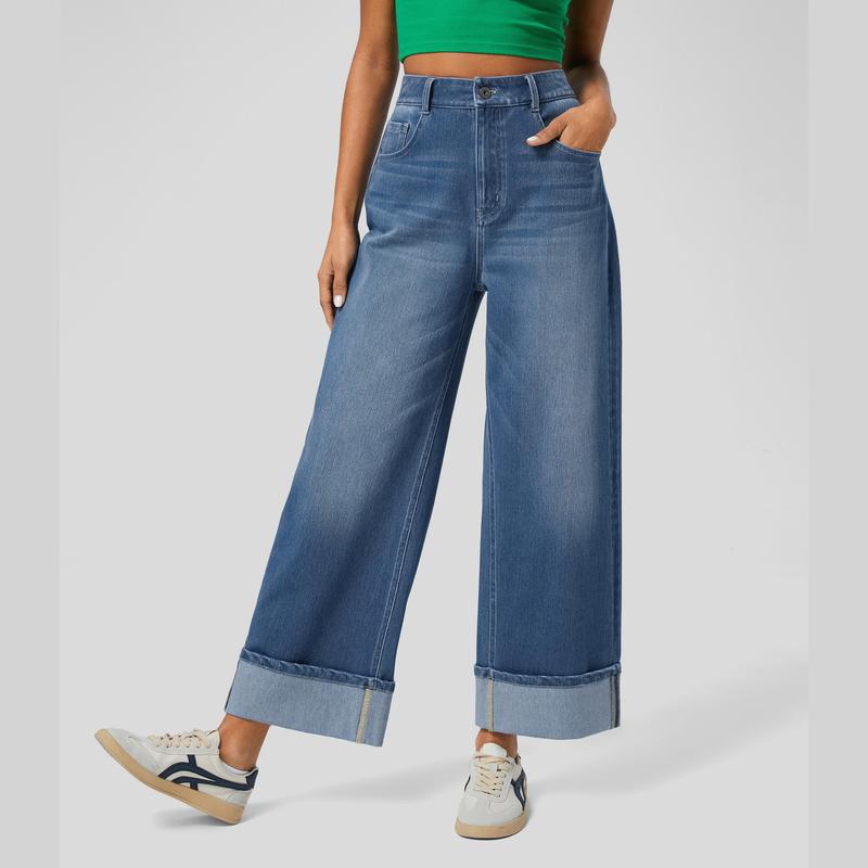 Vibecurve® High Waisted Pockets Rolled Hem Wide Leg Washed Casual Jeans