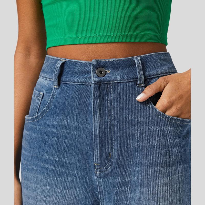 Vibecurve® High Waisted Pockets Rolled Hem Wide Leg Washed Casual Jeans
