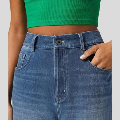 Vibecurve® High Waisted Pockets Rolled Hem Wide Leg Washed Casual Jeans