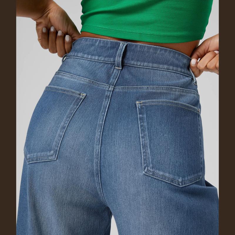 Vibecurve® High Waisted Pockets Rolled Hem Wide Leg Washed Casual Jeans