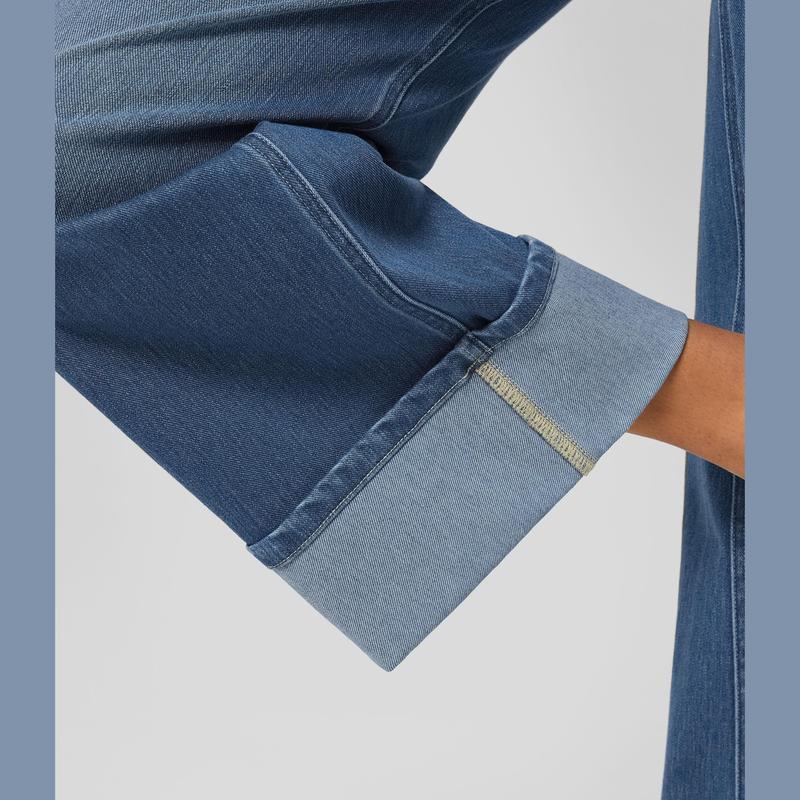 Vibecurve® High Waisted Pockets Rolled Hem Wide Leg Washed Casual Jeans