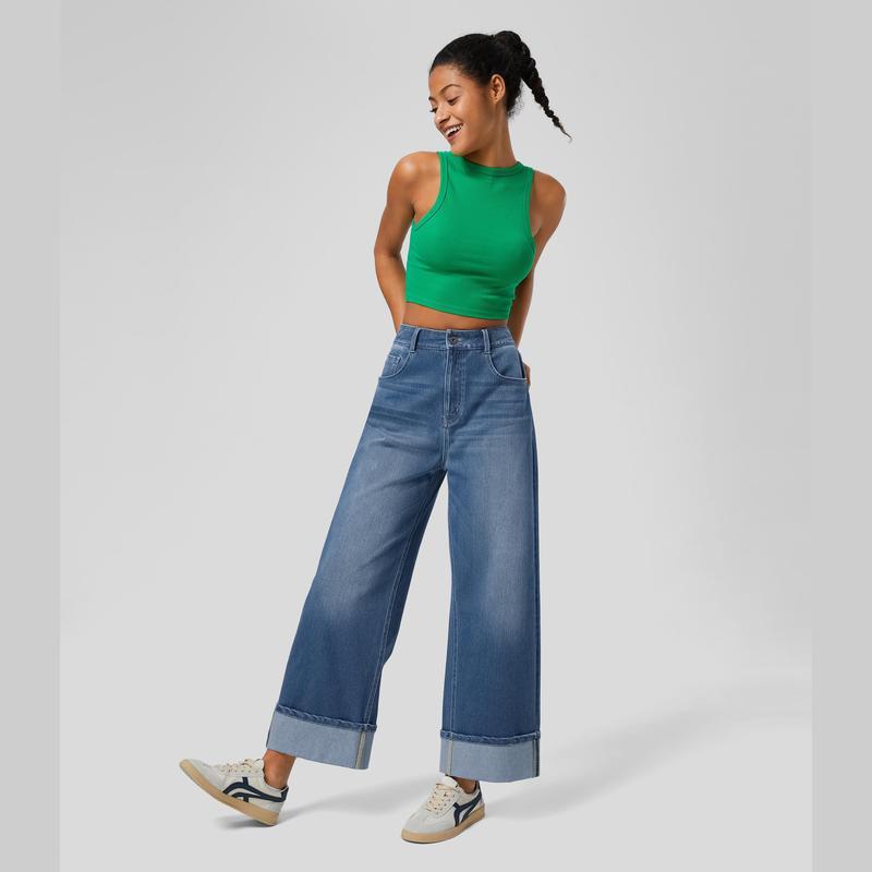 Vibecurve® High Waisted Pockets Rolled Hem Wide Leg Washed Casual Jeans