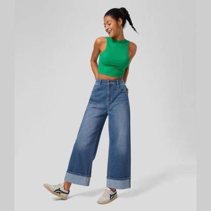 Vibecurve® High Waisted Pockets Rolled Hem Wide Leg Washed Casual Jeans