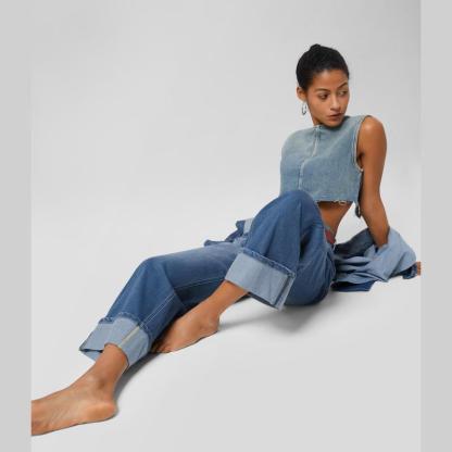 Vibecurve® High Waisted Pockets Rolled Hem Wide Leg Washed Casual Jeans