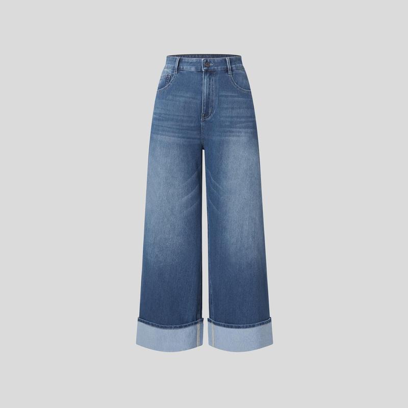 Vibecurve® High Waisted Pockets Rolled Hem Wide Leg Washed Casual Jeans