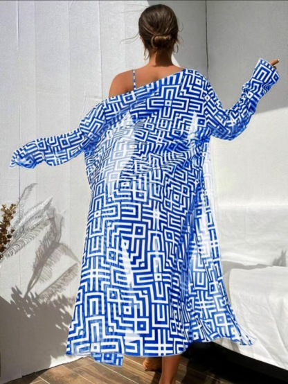 Vibecurve® Three-Piece Set Women's Geometric PrintDrawstring Swimsuit Set