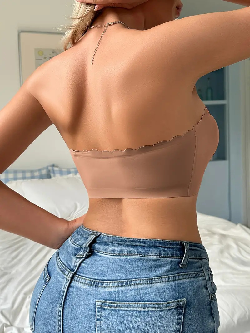 Vibecurve® Womens Strapless Bra Non-Slip Padded Bandeau Bras Front Closure Bras for Women Wavy Trim Seamless Tube Top Bralette