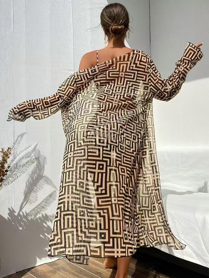 Vibecurve® Three-Piece Set Women's Geometric PrintDrawstring Swimsuit Set