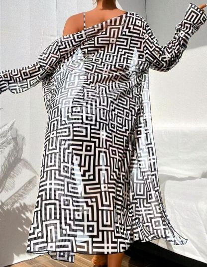 Vibecurve® Three-Piece Set Women's Geometric PrintDrawstring Swimsuit Set