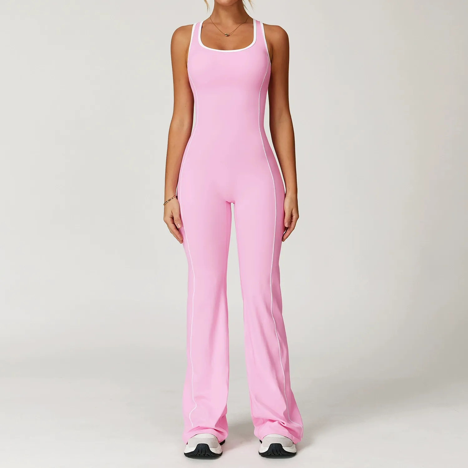 Vibecurve® Cutout Back Contrast Piping Flare Jumpsuit