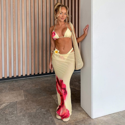 Vibecurve®  Women's Halter Triangle Bikini Sets Floral 3 Piece Swimsuit Bathing Suit Cover Up Long Skirt