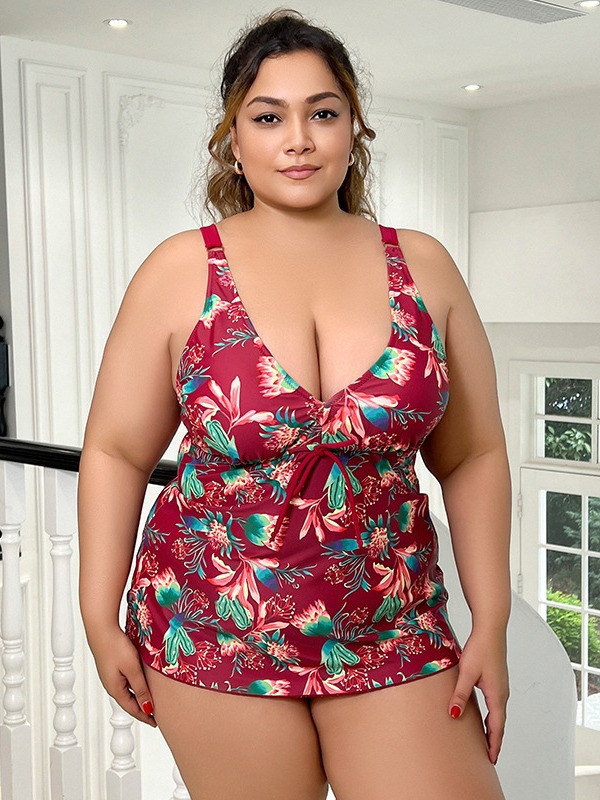 Vibecurve® Women's Plus Size Tankini Bathing Suits Tropical Floral Print Tank Top and Boyshorts Modest Tummy Control Swimsuit