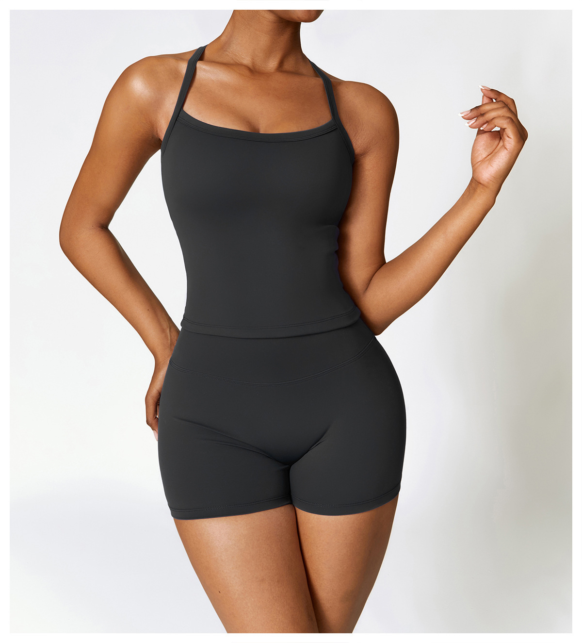 Vibecurve® Two-Piece Women's Solid Color Backless Bra Top And High-Waisted Shorts Sportswear Set