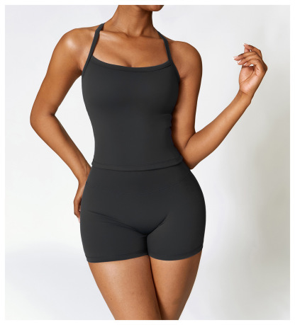 Vibecurve® Two-Piece Women's Solid Color Backless Bra Top And High-Waisted Shorts Sportswear Set