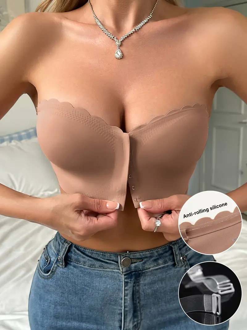 Vibecurve® Womens Strapless Bra Non-Slip Padded Bandeau Bras Front Closure Bras for Women Wavy Trim Seamless Tube Top Bralette