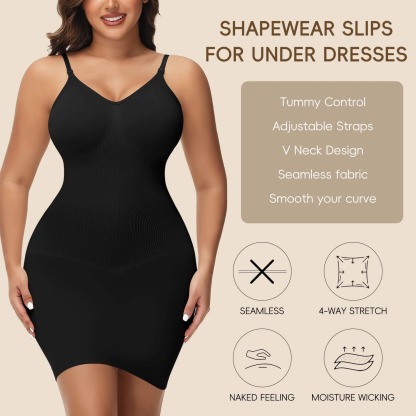 Vibecurve® Women Shapewear Full Slip Tummy Control CamiMini Under Dress Butt Lifter Smooth Body ShaperSeamless Straps Lingerie