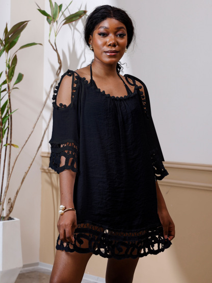 Vibecurve® Hollow Lace Sexy Solid Color Beach Dress Sun Protection Clothing Swimsuit Blouse