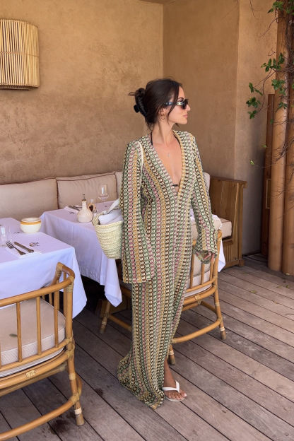 Vibecurve® Women’s Striped Maxi Dress Long Knit Beach Dresses Loose Fit Sexy Summer Contrast Color Side Slit Hollow Out Sundress