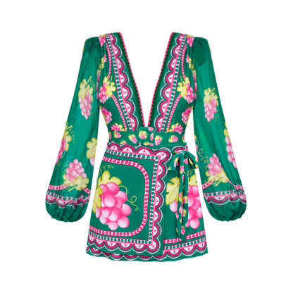 Vibecurve® Long-sleeved Retro Green Grapes Print One Piece Swimsuit and Skirt