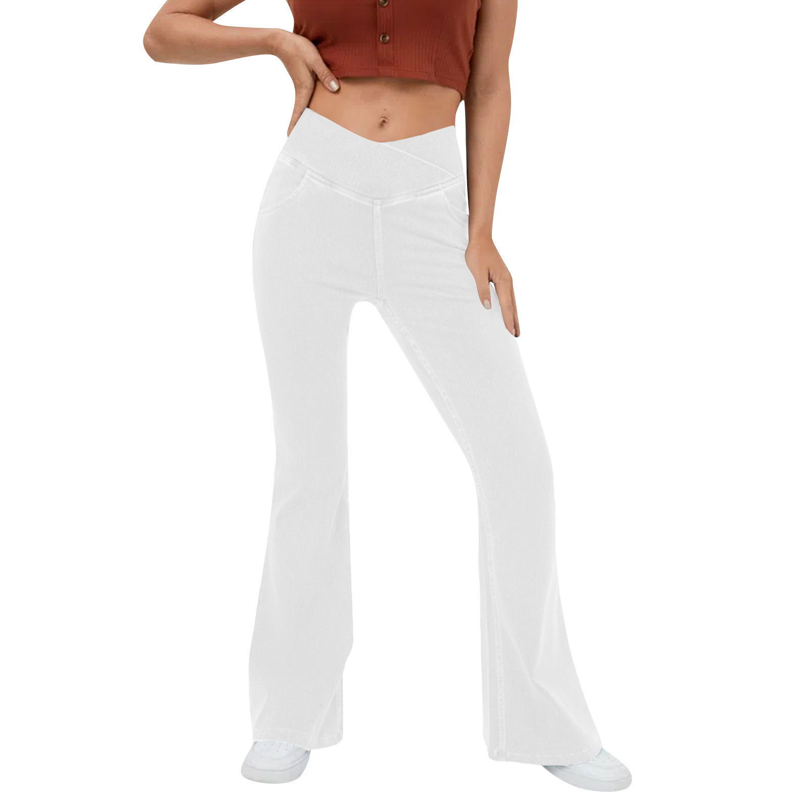Vibecurve® High Waisted Crossover Pocket Washed Stretchy Knit Casual Super Flare Jeans