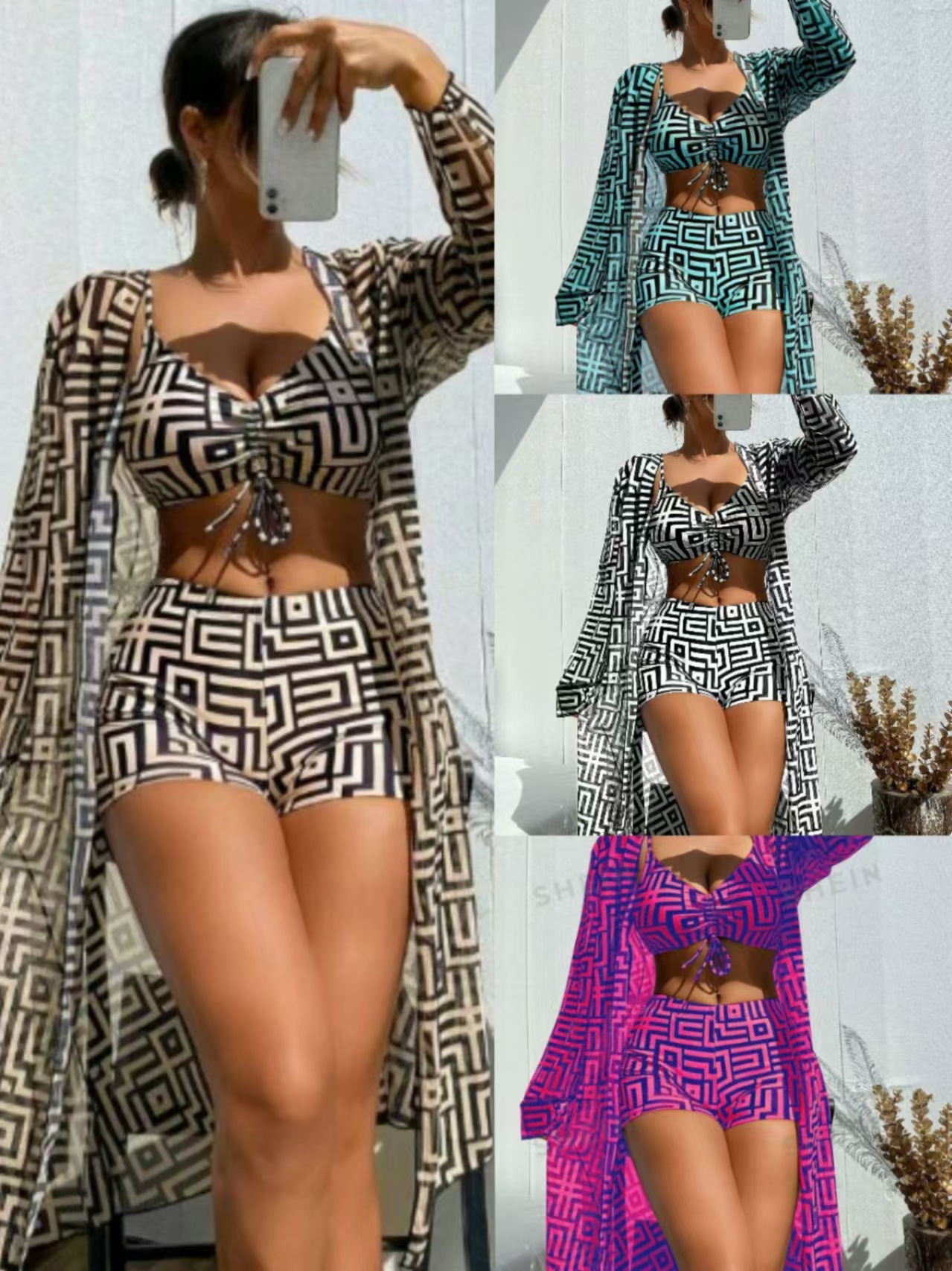 Vibecurve® Three-Piece Set Women's Geometric PrintDrawstring Swimsuit Set