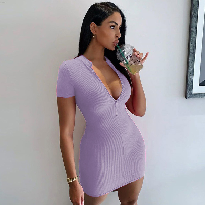Vibecurve® Ribbed Hip-Wrap Zip-Front Short Sleeve Dress