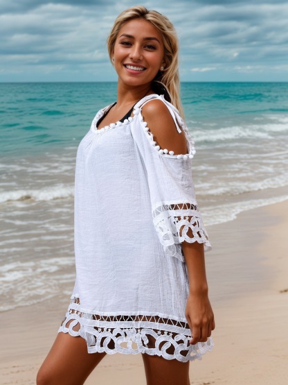 Vibecurve® Hollow Lace Sexy Solid Color Beach Dress Sun Protection Clothing Swimsuit Blouse