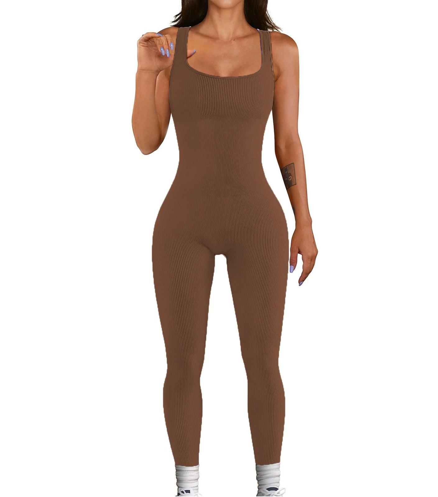 Vibecurve® Ribbed Sleeveless Square Neck Solid One Piece Unitard Jumpsuit Bodysuit