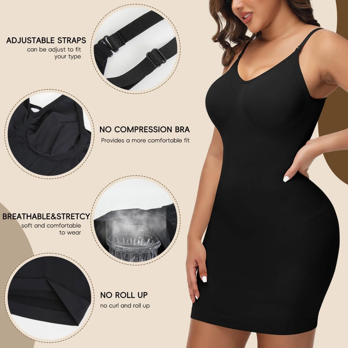 Vibecurve® Women Shapewear Full Slip Tummy Control CamiMini Under Dress Butt Lifter Smooth Body ShaperSeamless Straps Lingerie