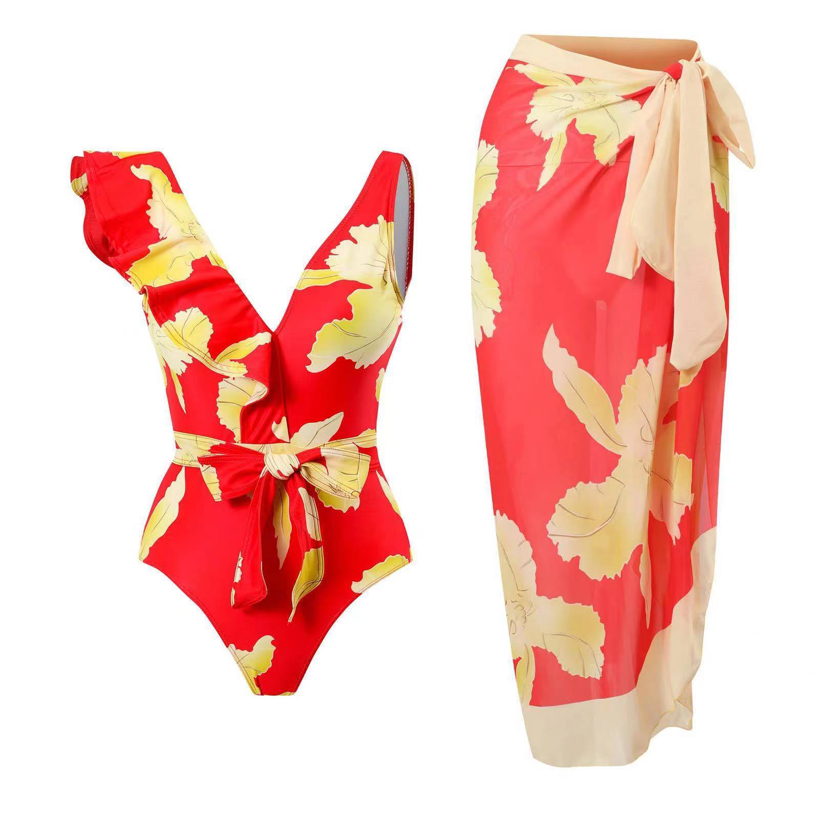Vibecurve® Floral Print Ruffles Strap One Piece With Bathing Suit Wrap Skirt