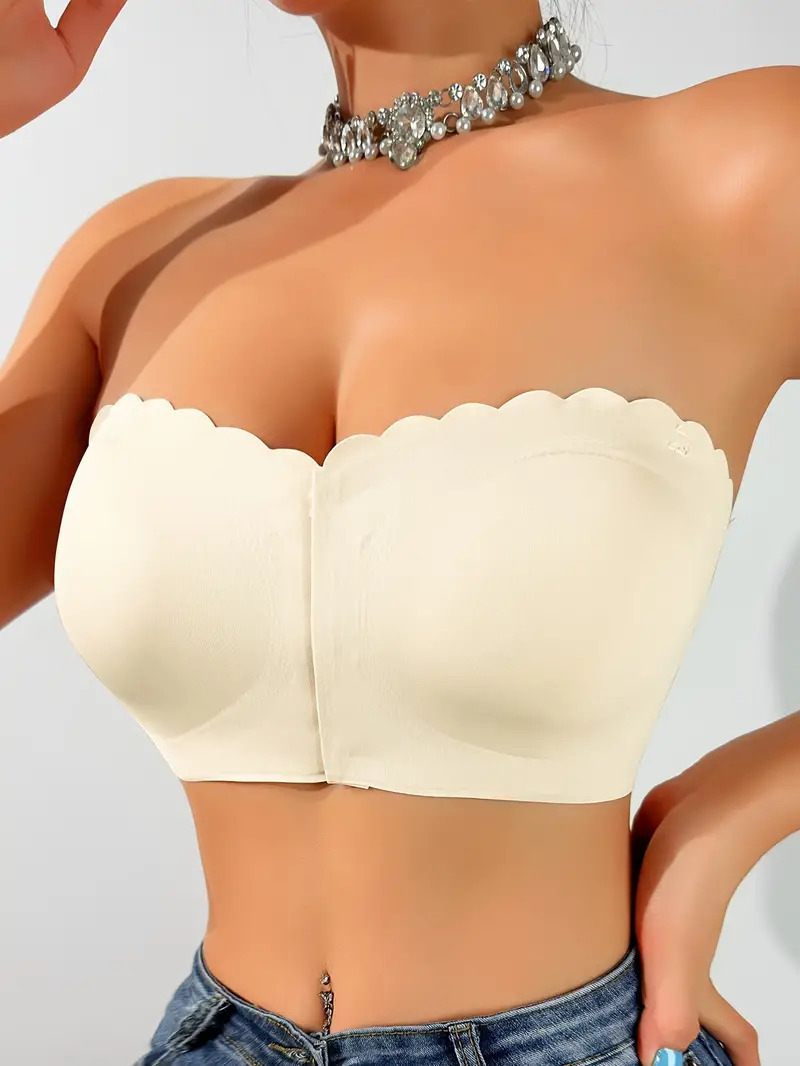 Vibecurve® Womens Strapless Bra Non-Slip Padded Bandeau Bras Front Closure Bras for Women Wavy Trim Seamless Tube Top Bralette